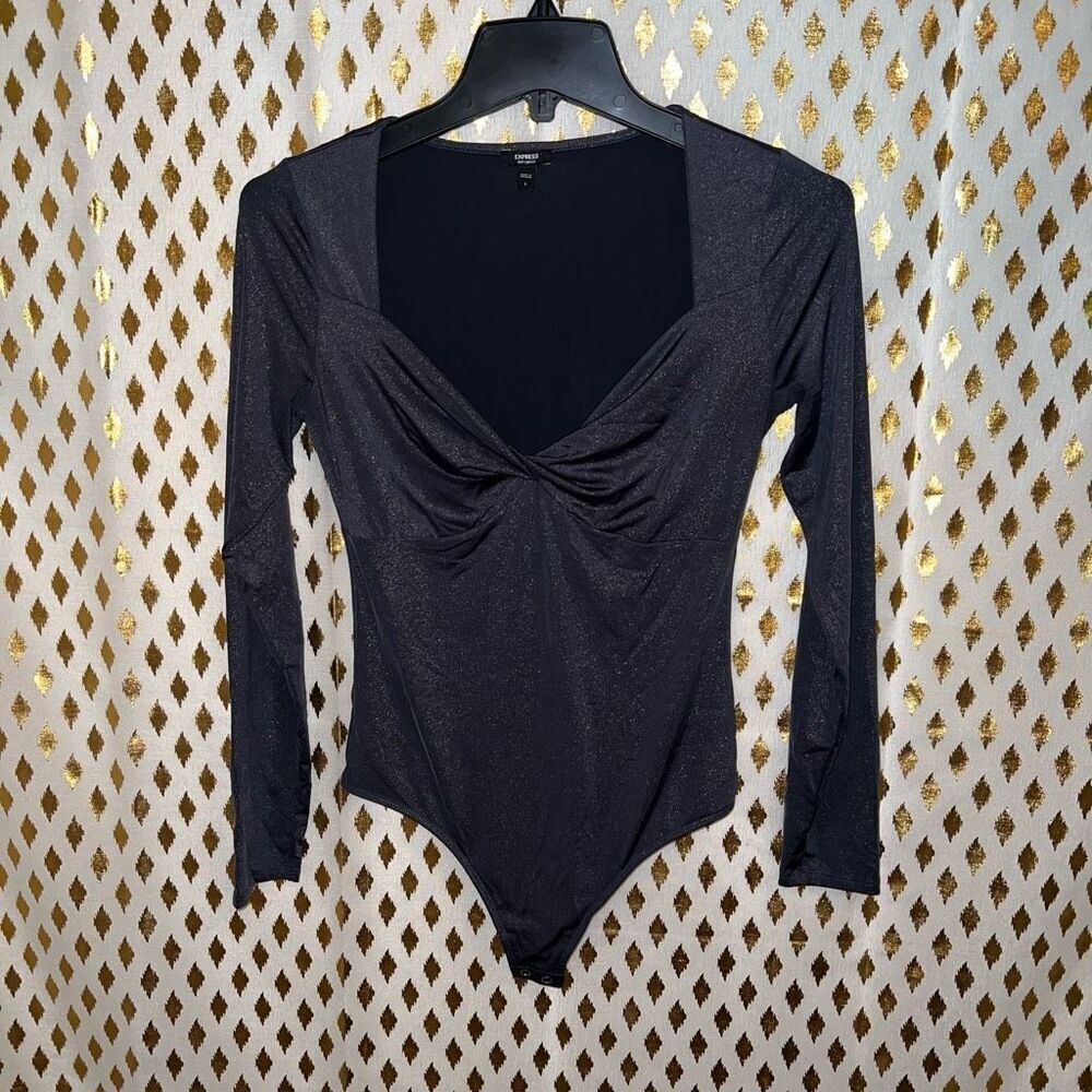 Express body contour body suit in metallic gunmetal￼ twist front size S